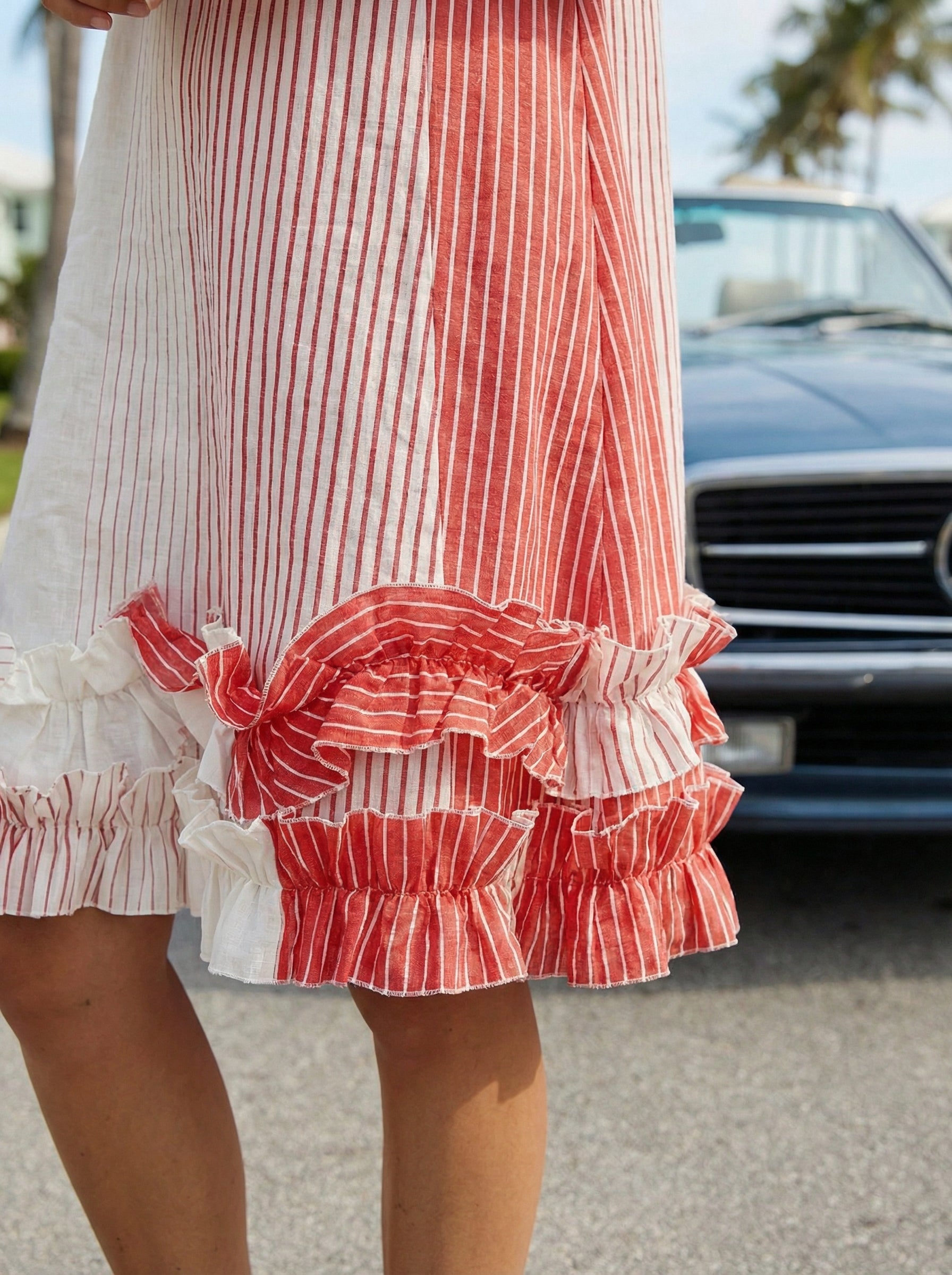 Coral Stripe Linen Midi Dress – Ruffled, Sleeveless, Hidden Pockets