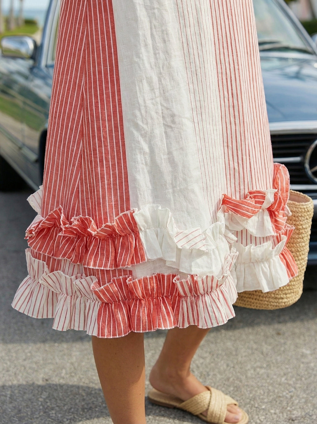 Coral Stripe Linen Midi Dress – Ruffled, Sleeveless, Hidden Pockets
