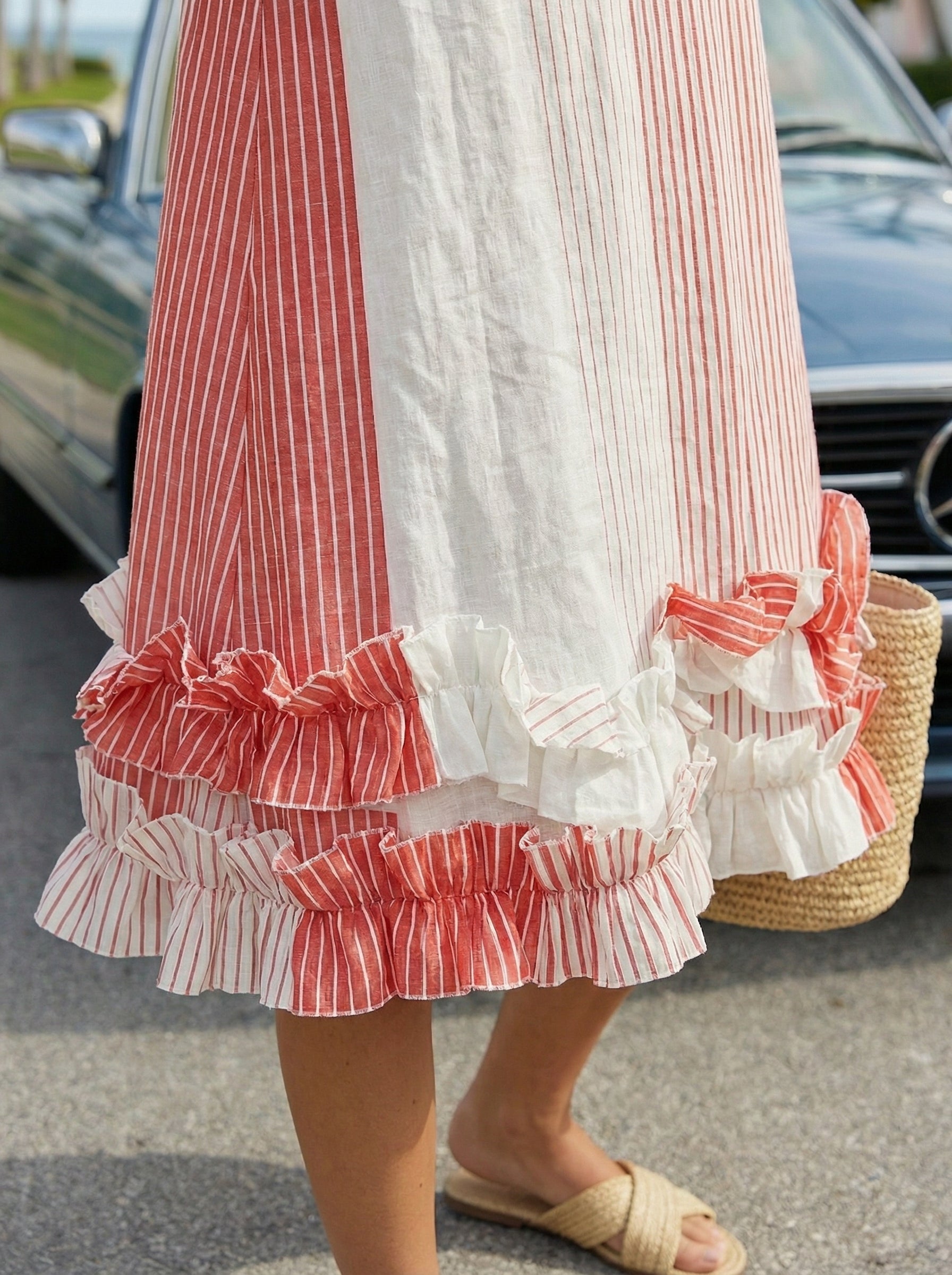 Coral Stripe Linen Midi Dress – Ruffled, Sleeveless, Hidden Pockets