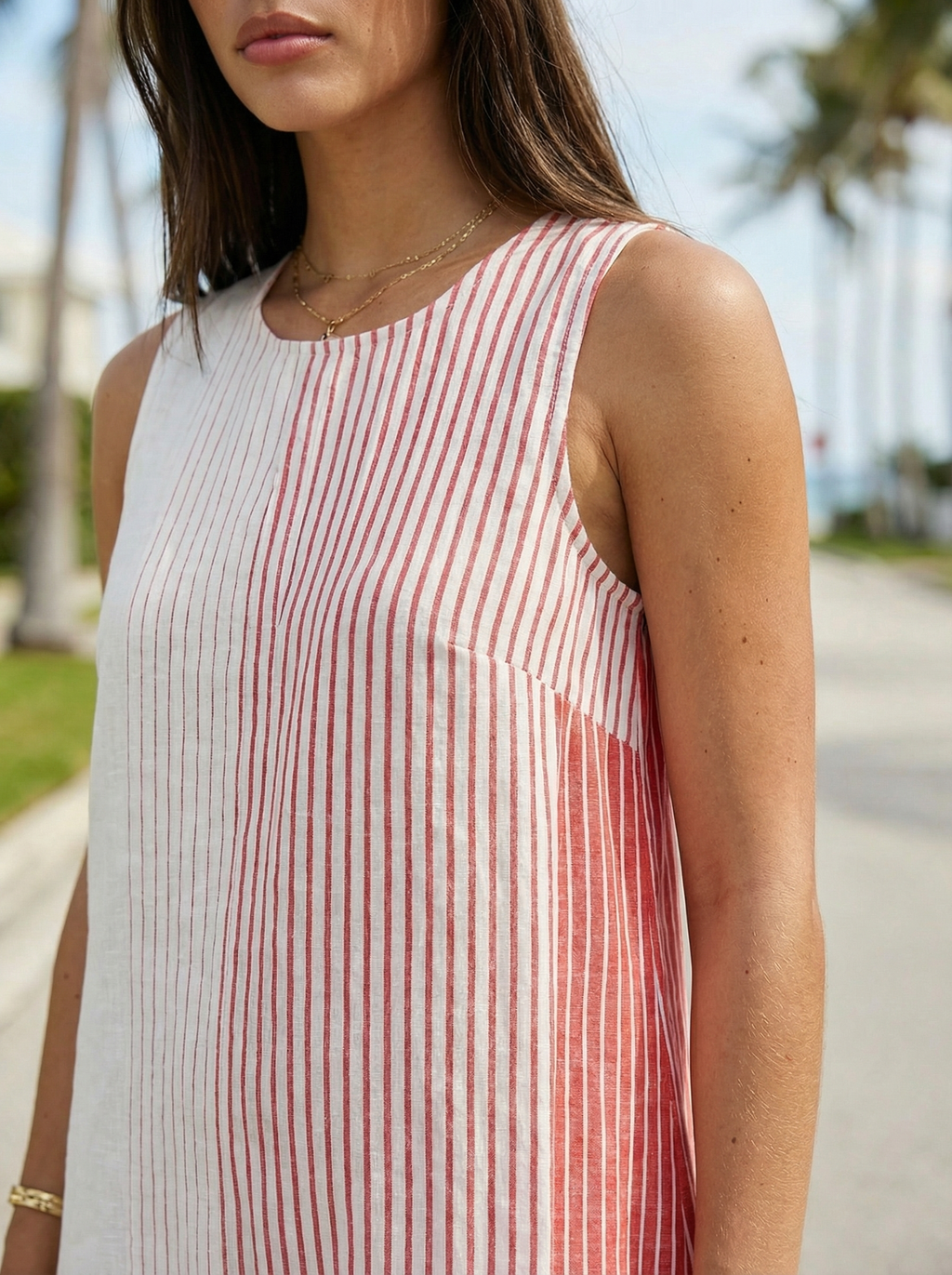 Coral Stripe Linen Midi Dress – Ruffled, Sleeveless, Hidden Pockets