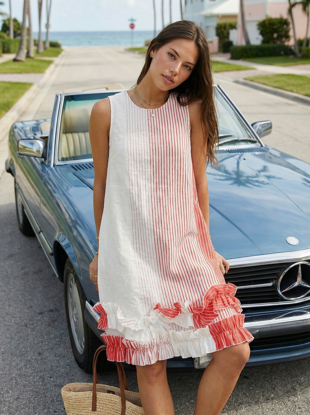 Coral Stripe Linen Midi Dress – Ruffled, Sleeveless, Hidden Pockets