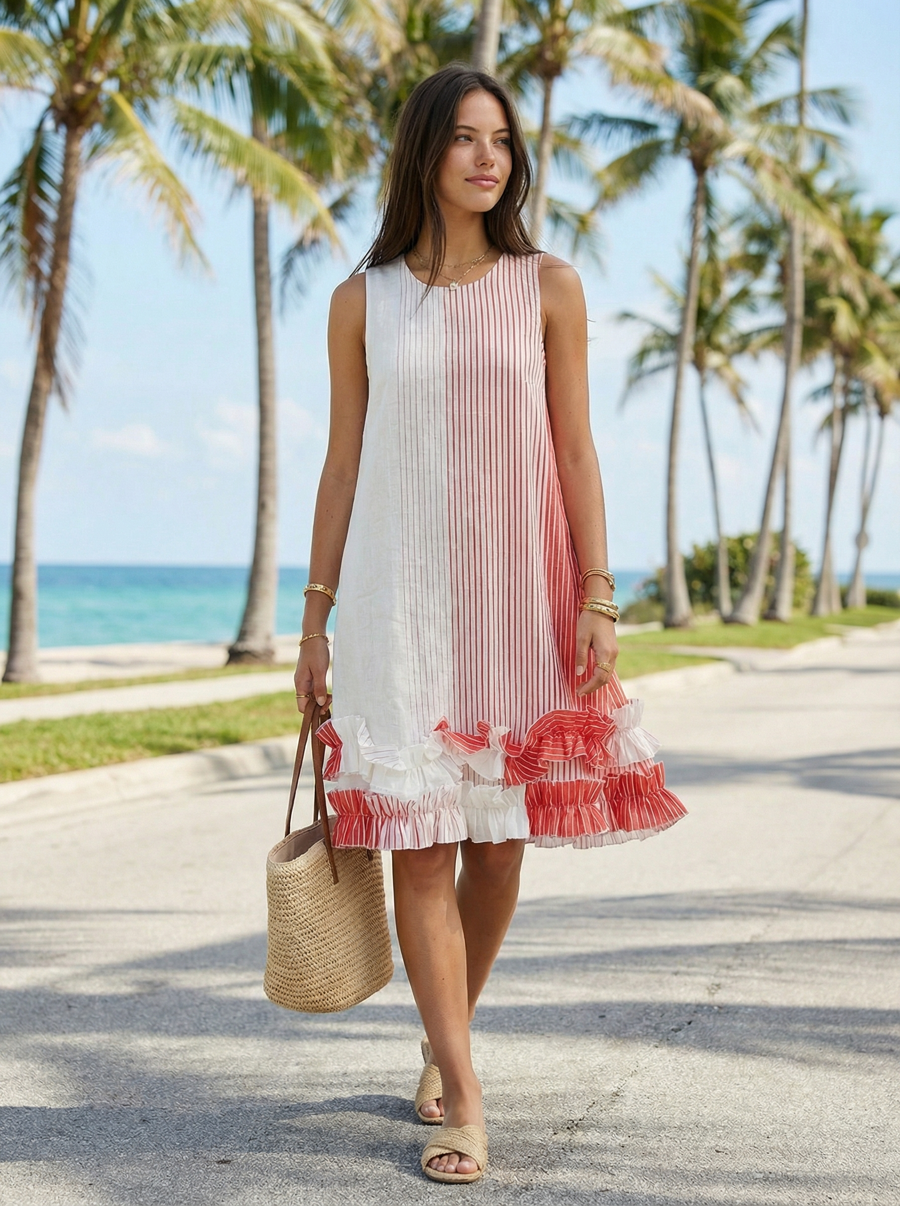 Coral Stripe Linen Midi Dress – Ruffled, Sleeveless, Hidden Pockets