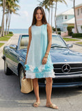 Turquoise Sleeveless Striped Linen Dress with Ruffle Hem & Side Pockets