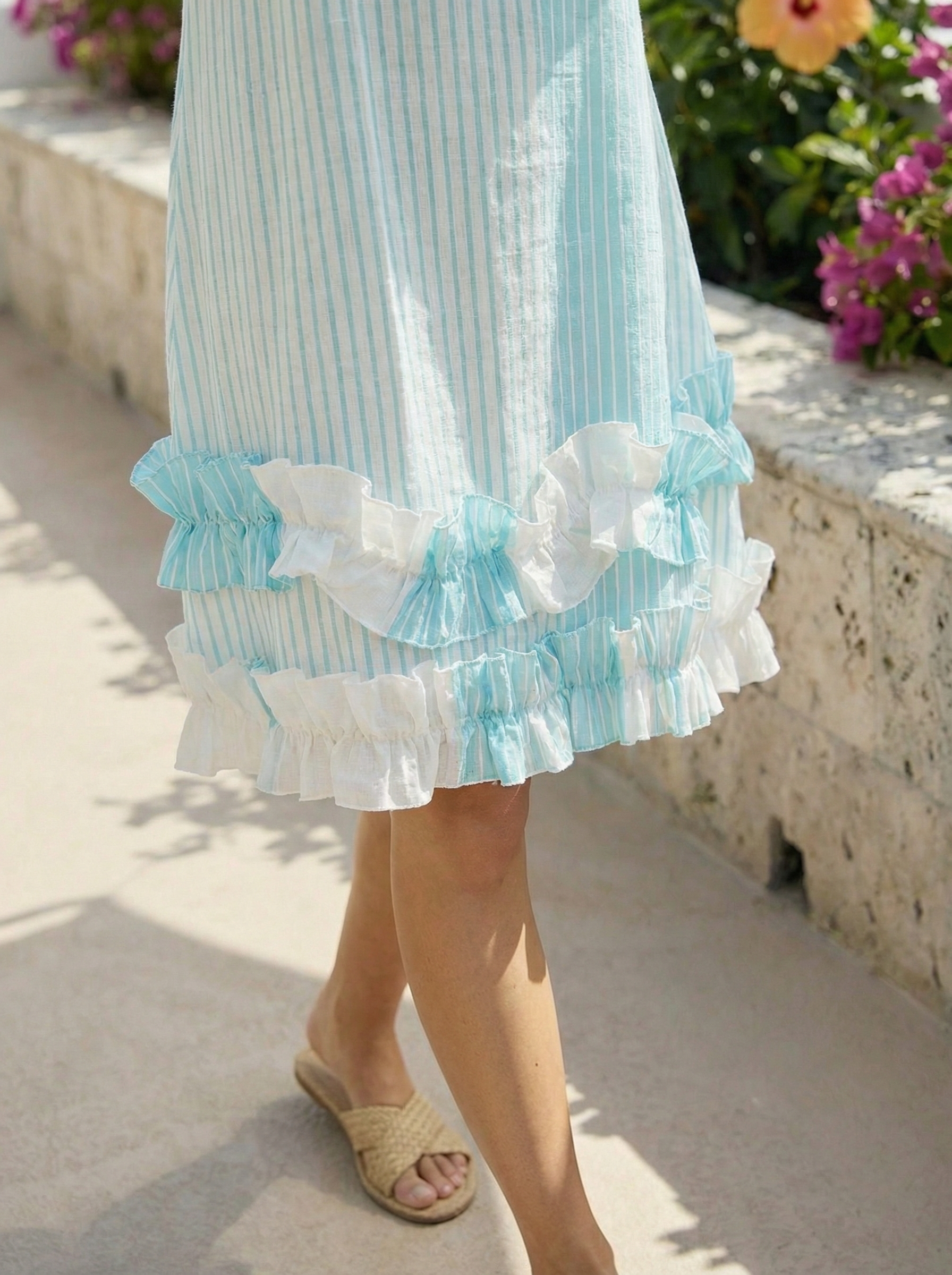 Turquoise Sleeveless Striped Linen Dress with Ruffle Hem & Side Pockets