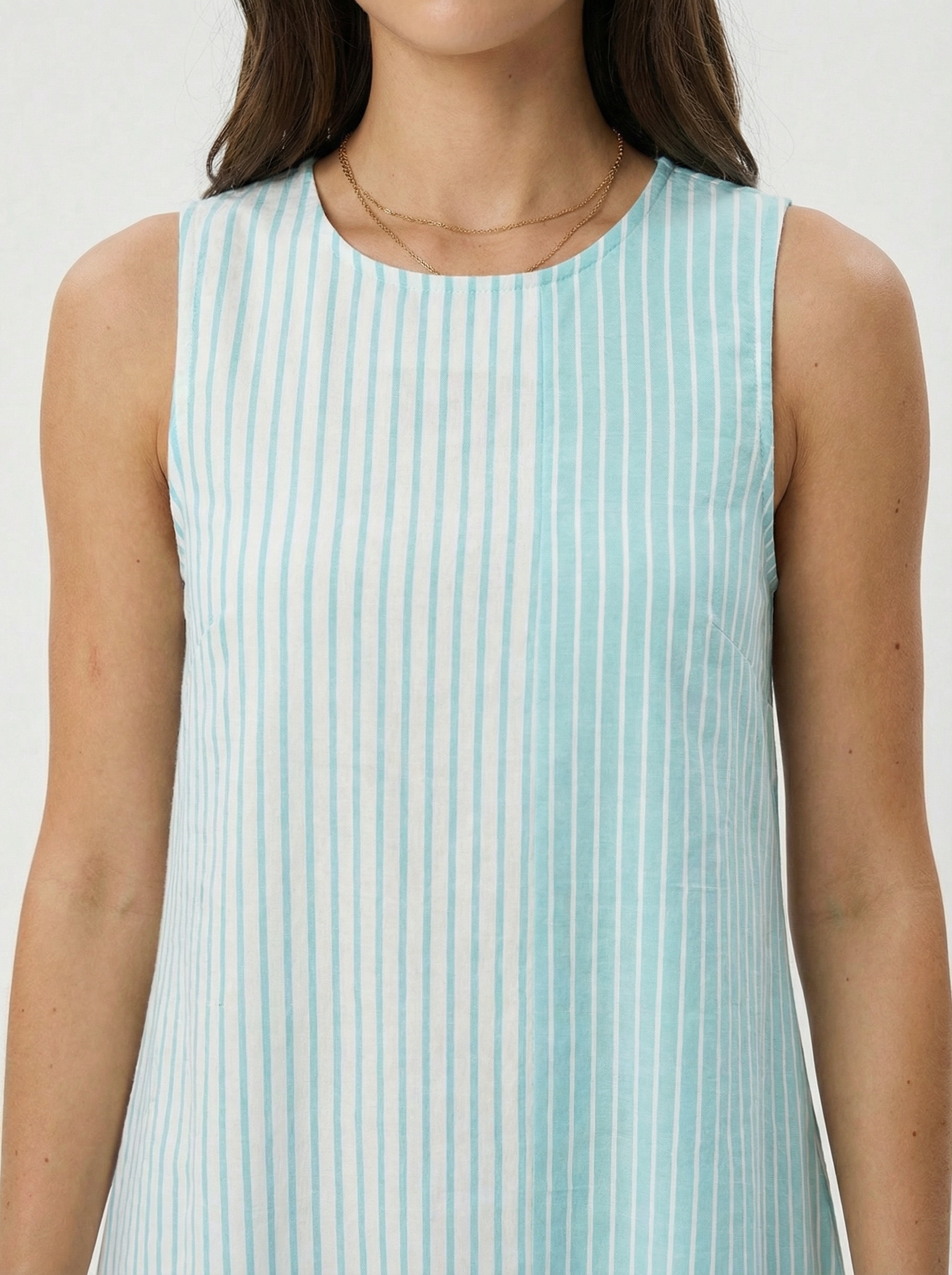 Turquoise Sleeveless Striped Linen Dress with Ruffle Hem & Side Pockets