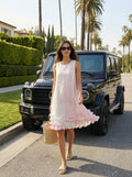 Pink Striped Linen Ruffle Dress with Hidden Pockets