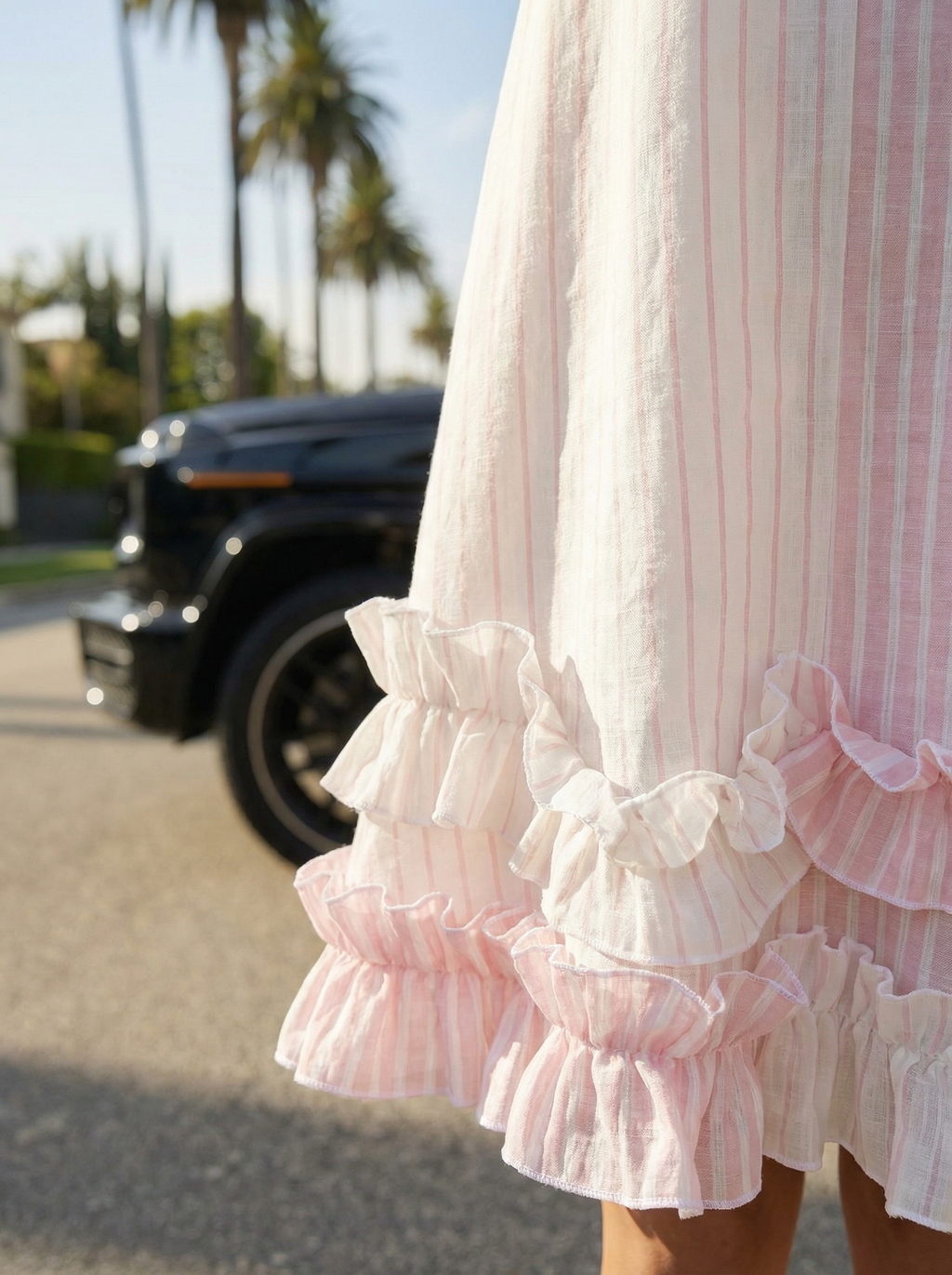 Pink Striped Linen Ruffle Dress with Hidden Pockets