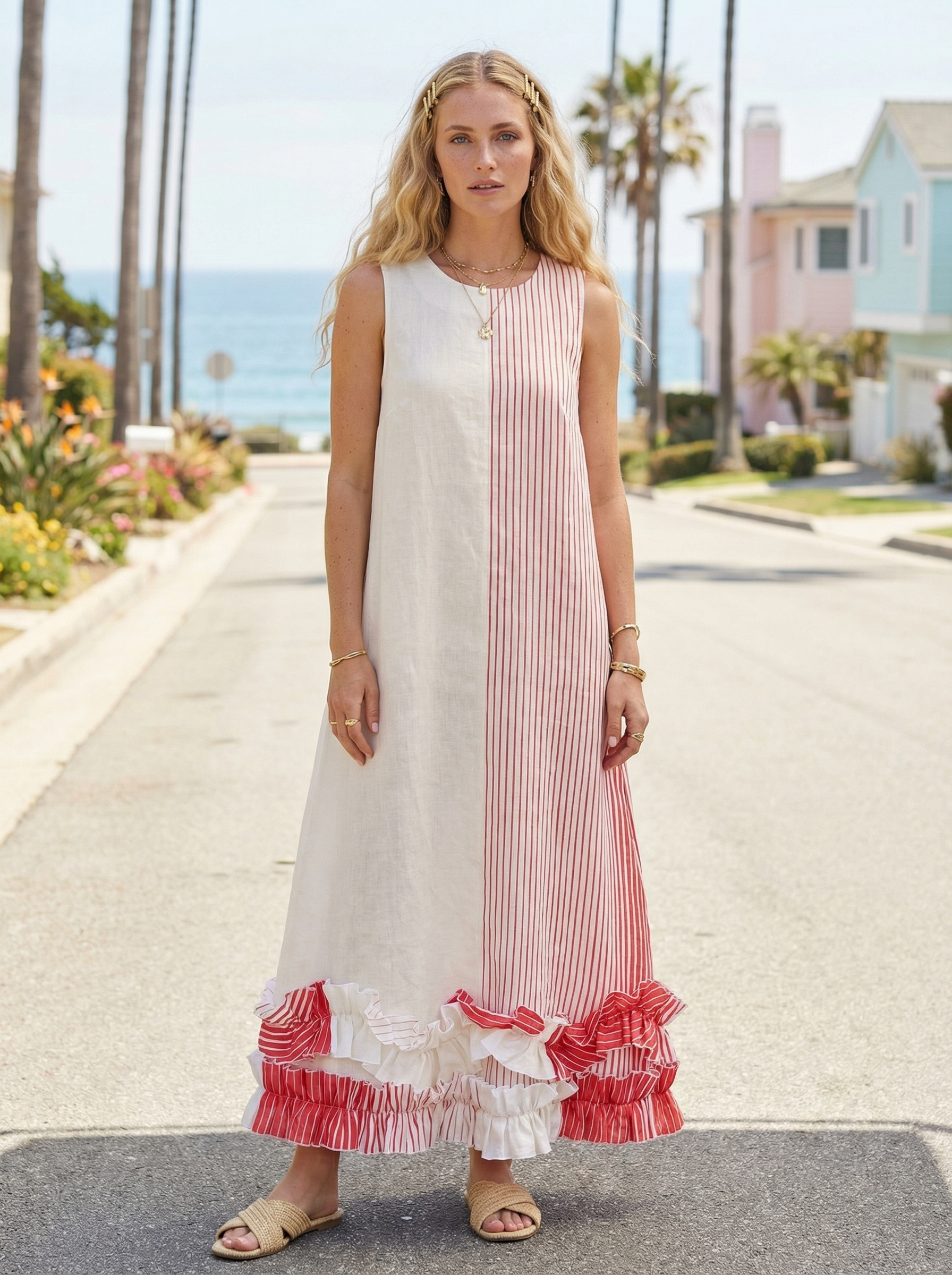 Coral Stripe Linen Maxi Dress – Ruffled, Sleeveless, Hidden Pockets