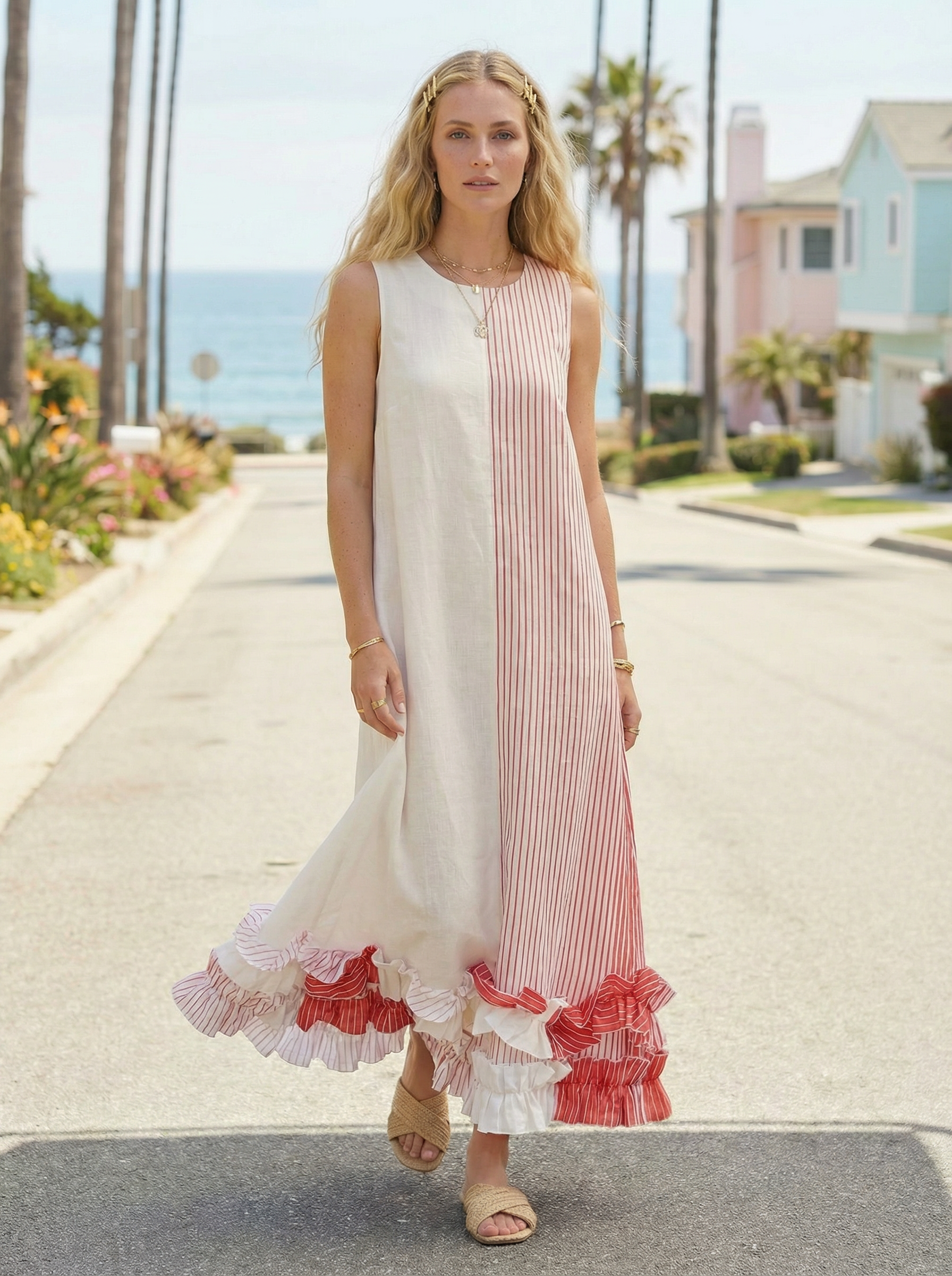 Coral Stripe Linen Maxi Dress – Ruffled, Sleeveless, Hidden Pockets