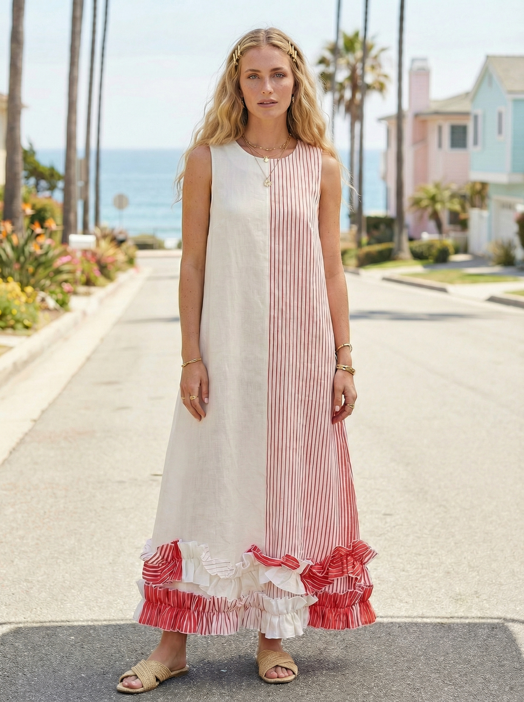 Coral Stripe Linen Maxi Dress – Ruffled, Sleeveless, Hidden Pockets