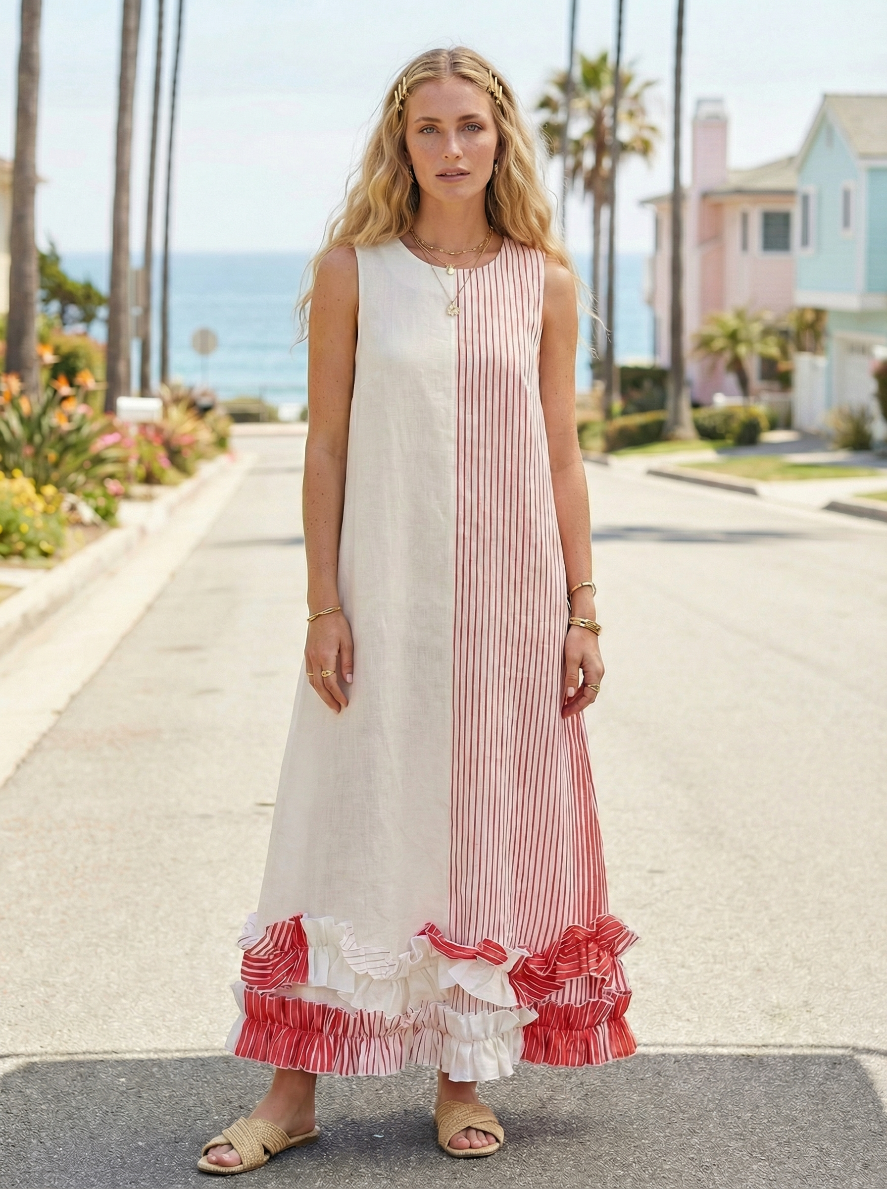 Coral Stripe Linen Maxi Dress – Ruffled, Sleeveless, Hidden Pockets