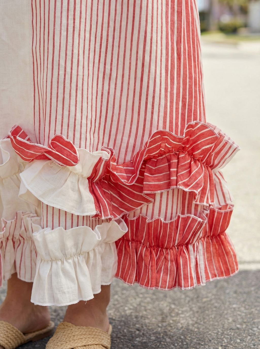 Coral Stripe Linen Maxi Dress – Ruffled, Sleeveless, Hidden Pockets