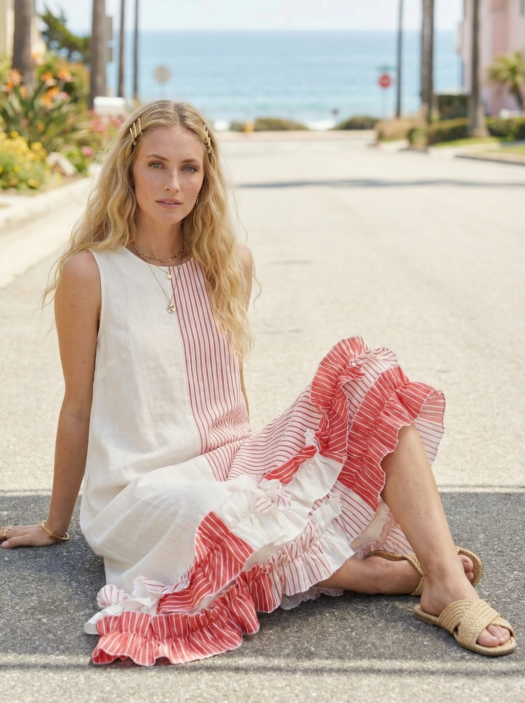 Coral Stripe Linen Maxi Dress – Ruffled, Sleeveless, Hidden Pockets