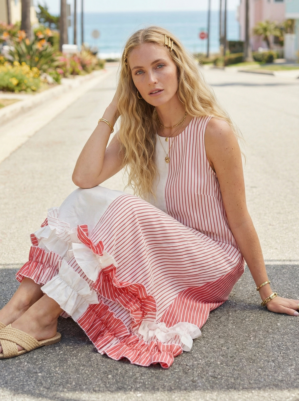 Coral Stripe Linen Maxi Dress – Ruffled, Sleeveless, Hidden Pockets