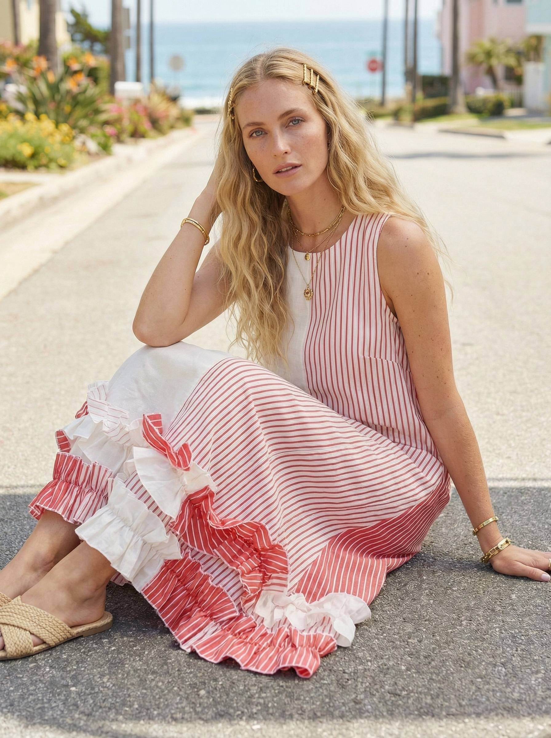 Coral Stripe Linen Maxi Dress – Ruffled, Sleeveless, Hidden Pockets