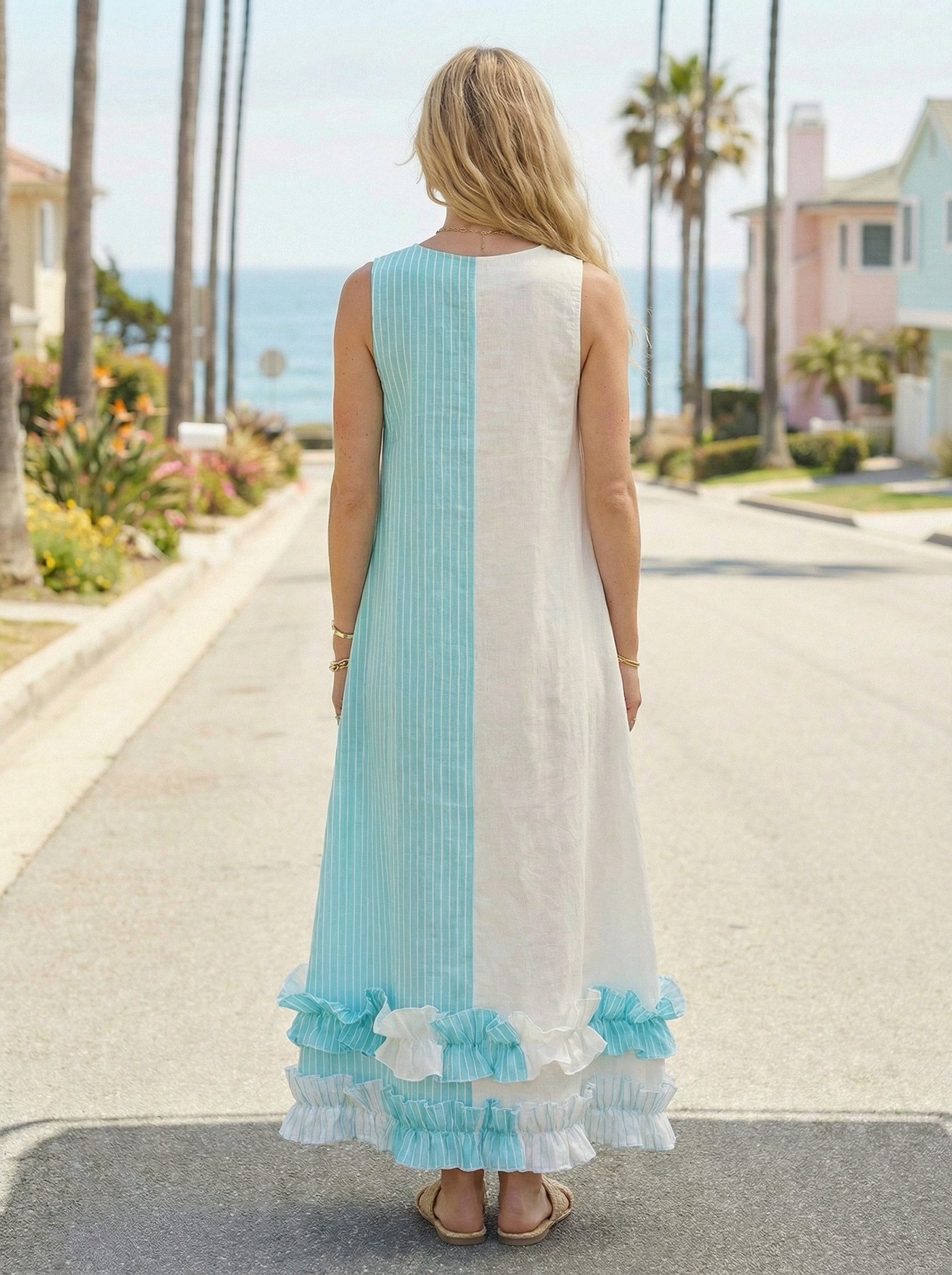 Blue Stripe Linen Maxi Dress with Ruffles, Sleeveless & Hidden Pockets