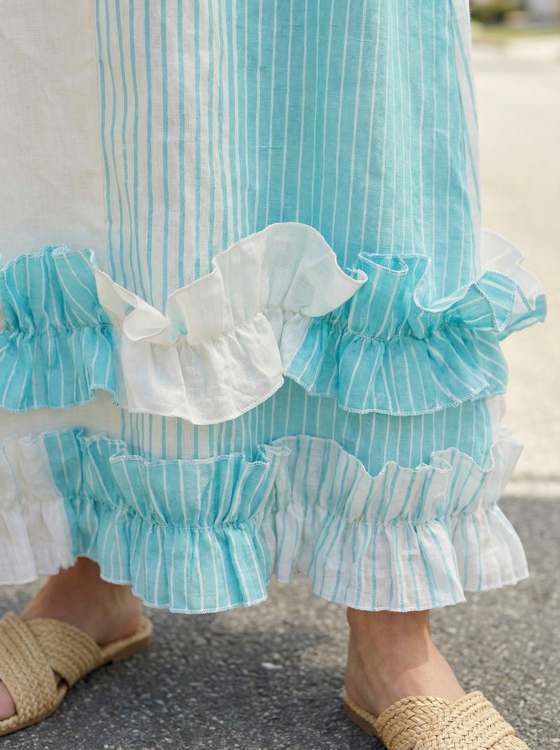 Blue Stripe Linen Maxi Dress with Ruffles, Sleeveless & Hidden Pockets