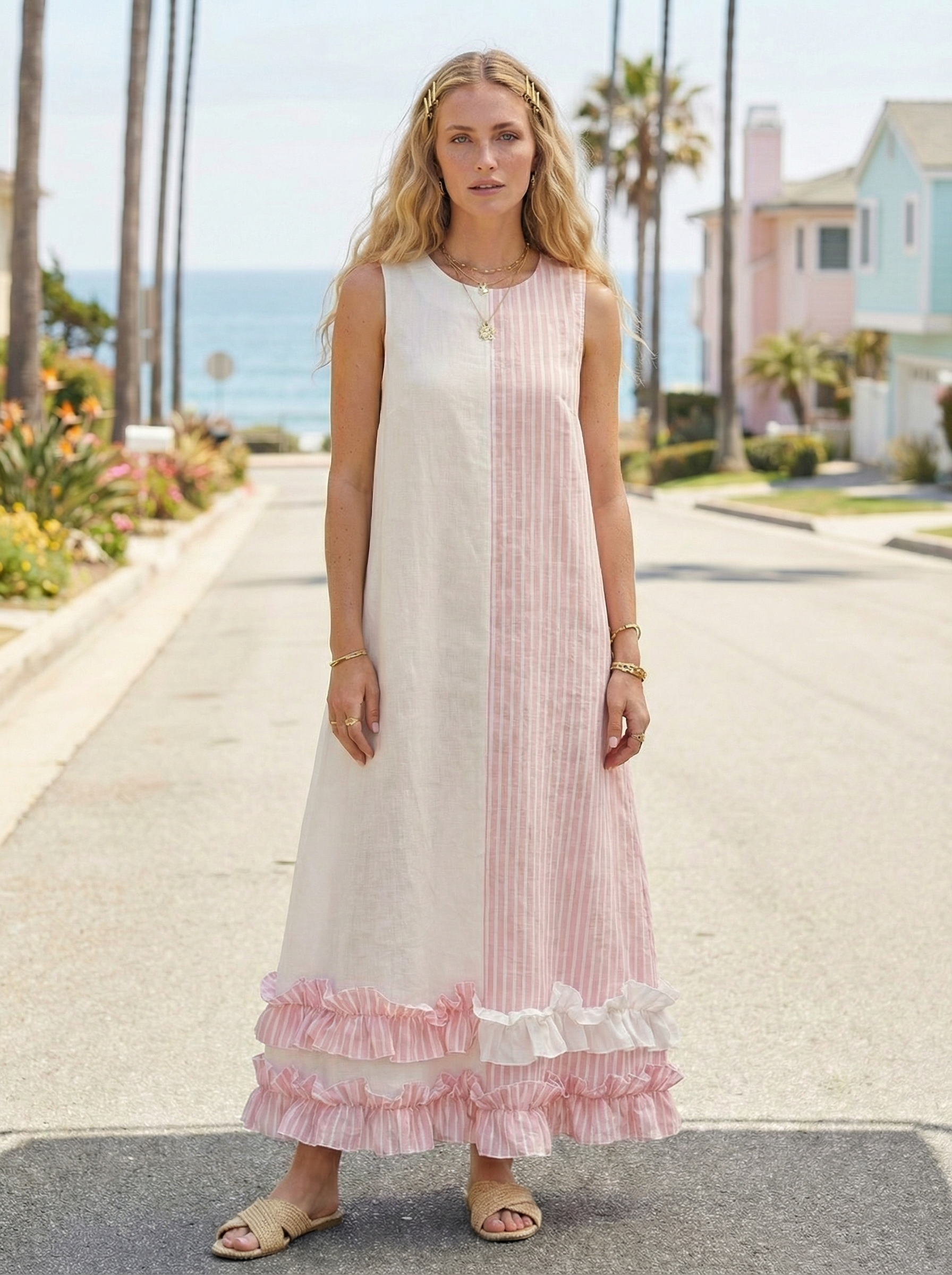 Pink Maxi Linen Dress with Ruffled Hem, Sleeveless & Side Pockets