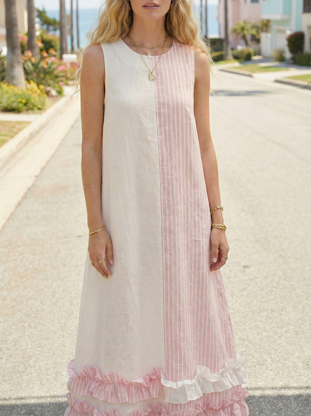 Pink Maxi Linen Dress with Ruffled Hem, Sleeveless & Side Pockets