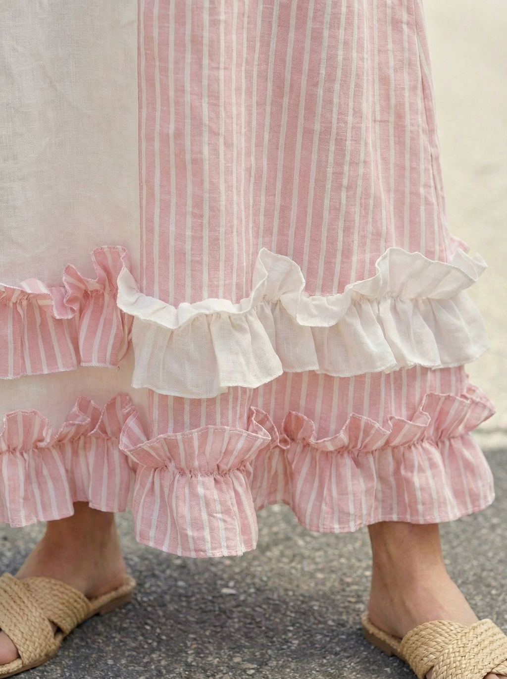Pink Maxi Linen Dress with Ruffled Hem, Sleeveless & Side Pockets