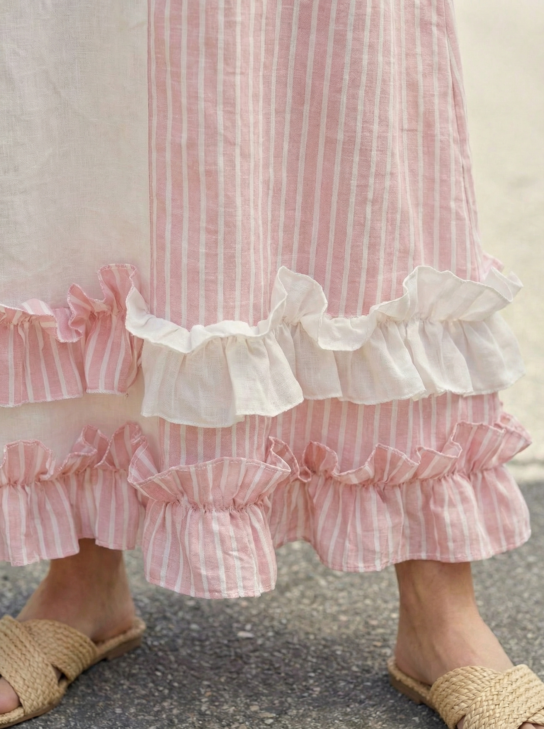 Pink Maxi Linen Dress with Ruffled Hem, Sleeveless & Side Pockets