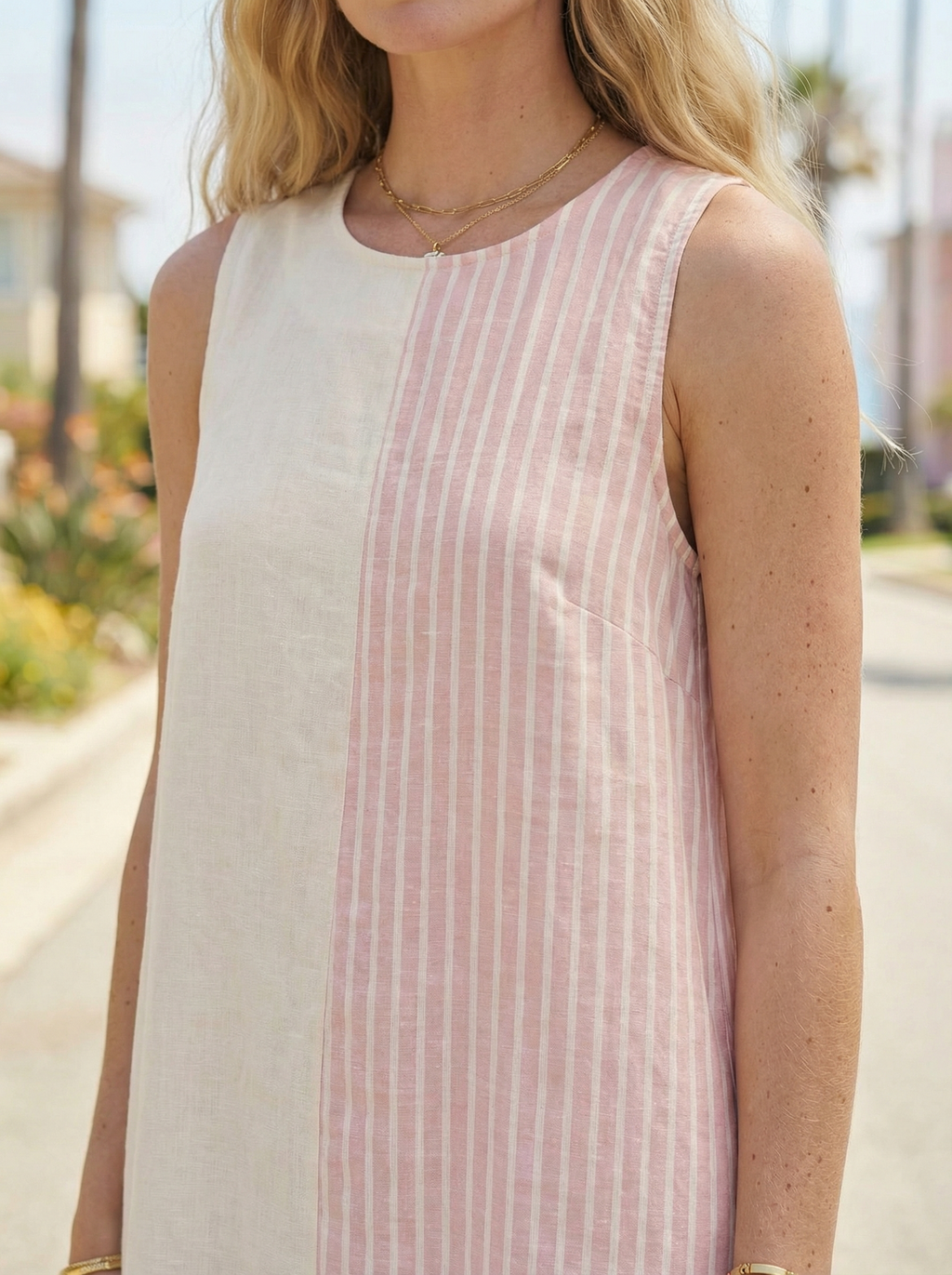 Pink Maxi Linen Dress with Ruffled Hem, Sleeveless & Side Pockets