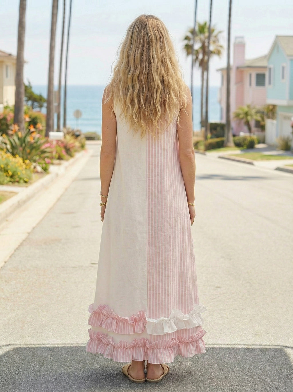 Pink Maxi Linen Dress with Ruffled Hem, Sleeveless & Side Pockets