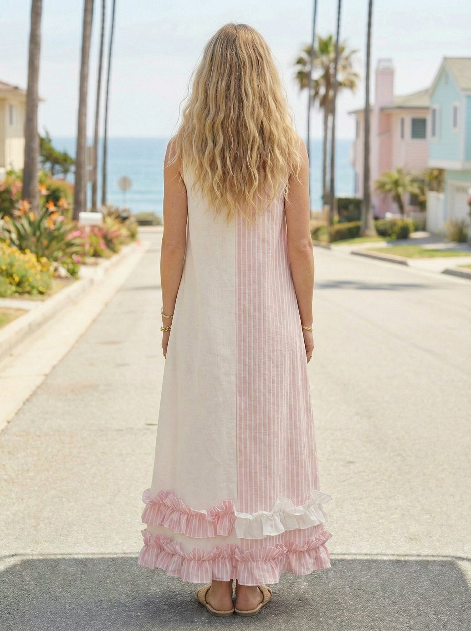 Pink Maxi Linen Dress with Ruffled Hem, Sleeveless & Side Pockets
