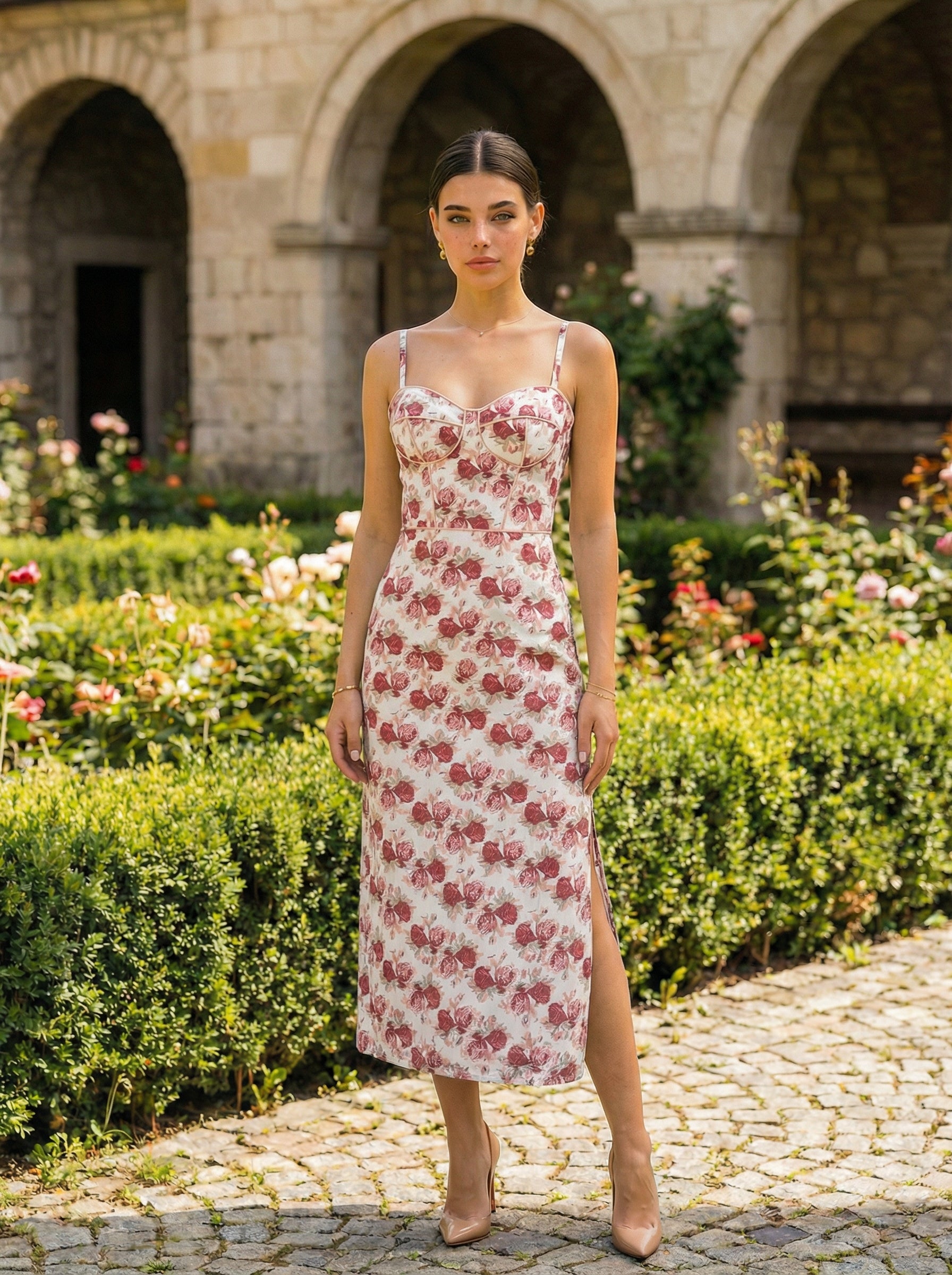 Floral Corset Dress – Cotton Midi with Side Slit & Pink Roses