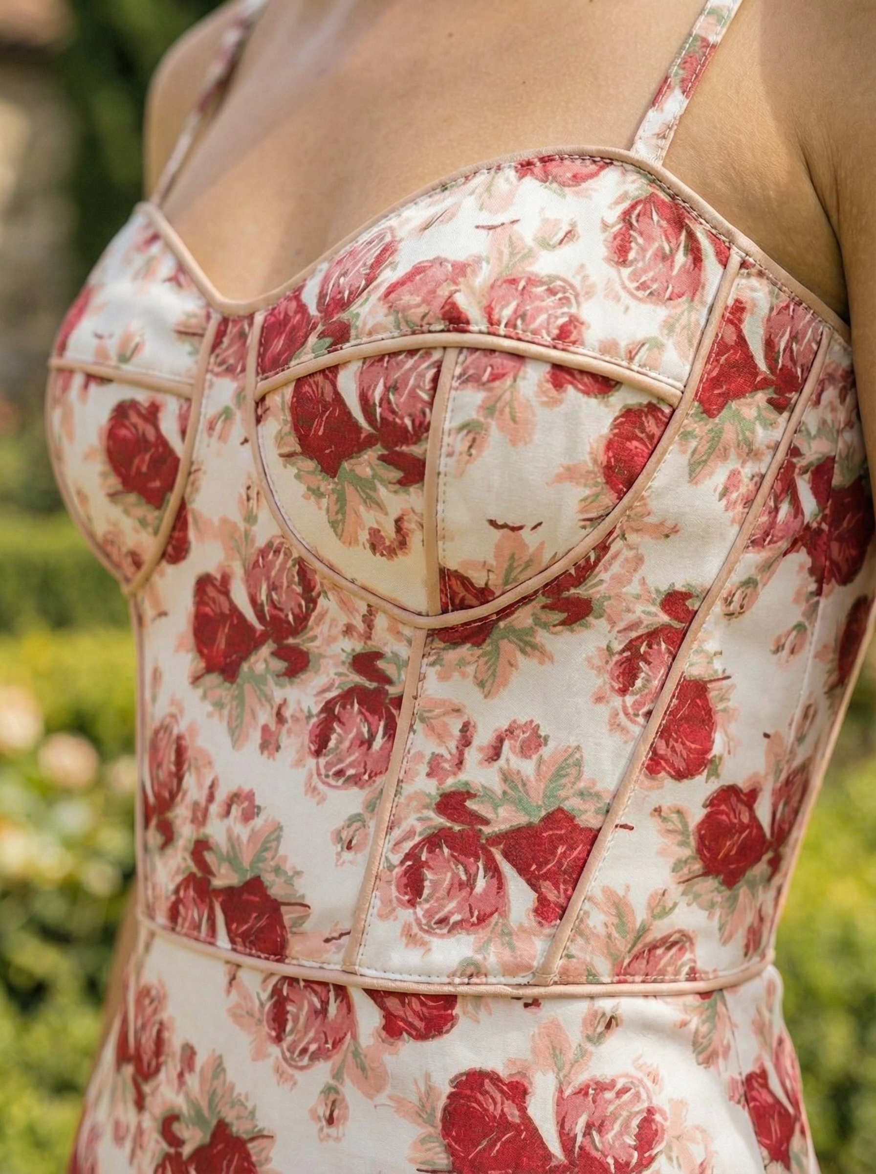 Floral Corset Dress – Cotton Midi with Side Slit & Pink Roses