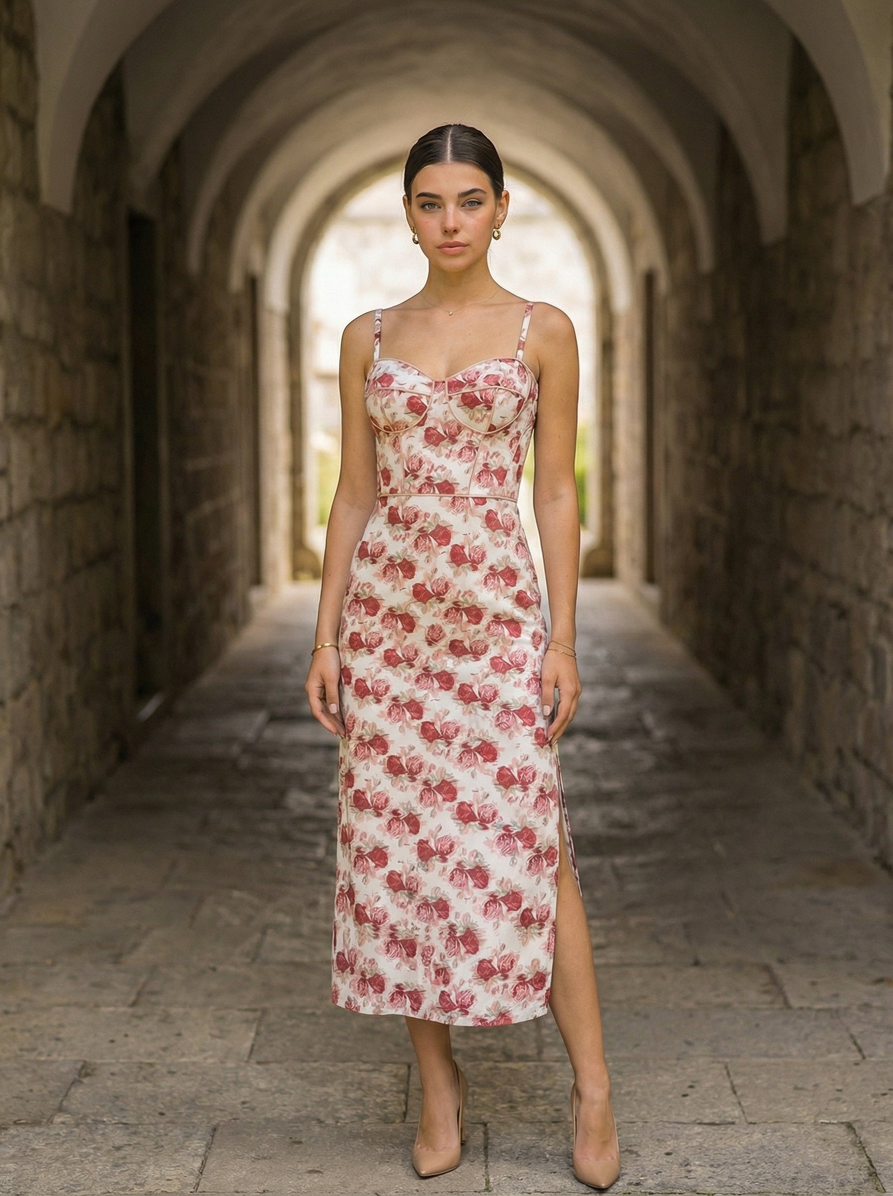 Floral Corset Dress – Cotton Midi with Side Slit & Pink Roses