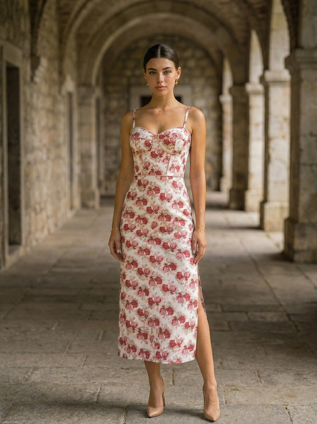 Floral Corset Dress – Cotton Midi with Side Slit & Pink Roses