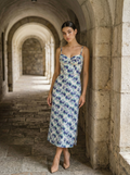 Floral Corset Dress – Cotton Midi with Side Slit & Blue Roses