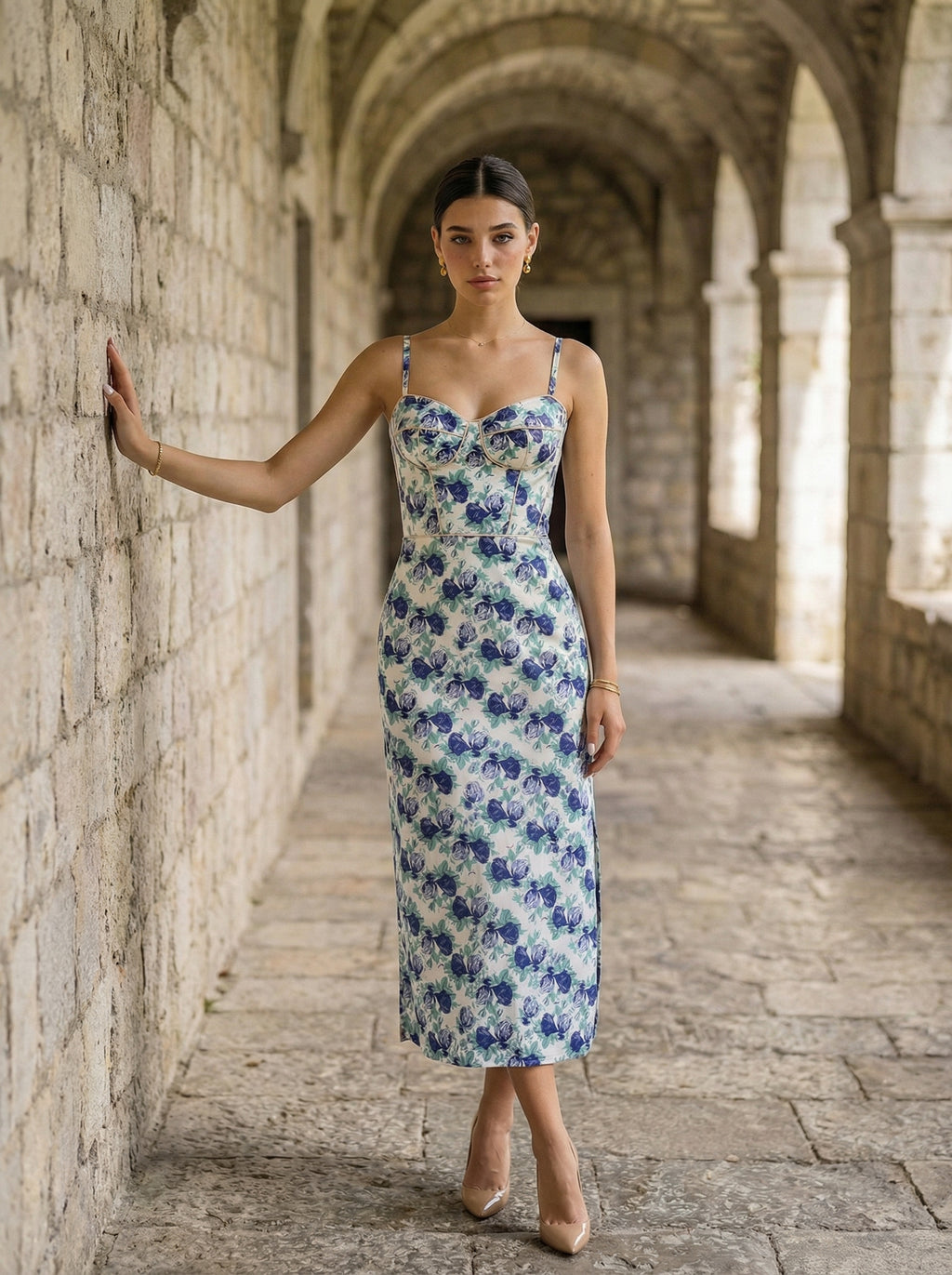 Floral Corset Dress – Cotton Midi with Side Slit & Blue Roses