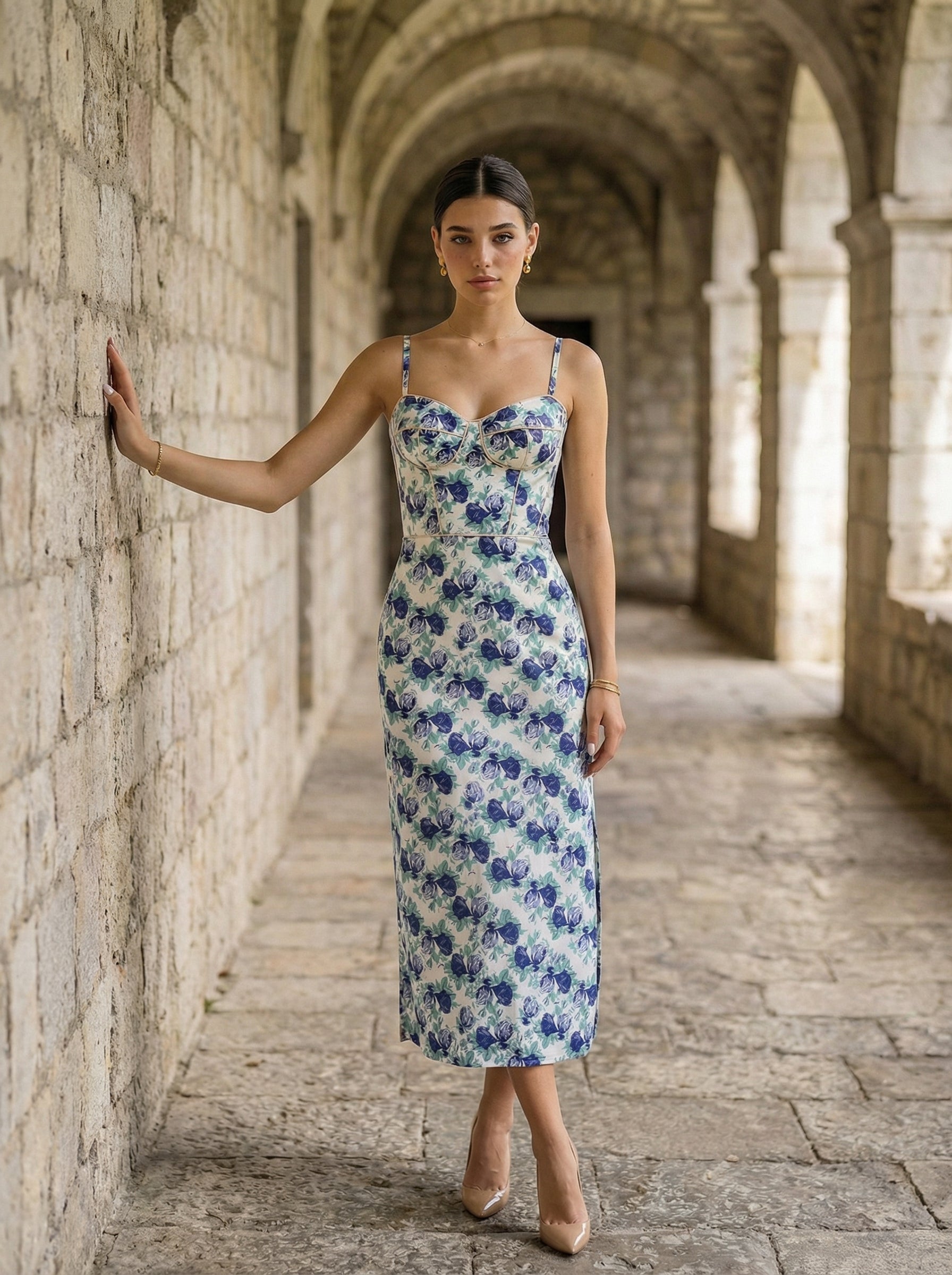 Floral Corset Dress – Cotton Midi with Side Slit & Blue Roses
