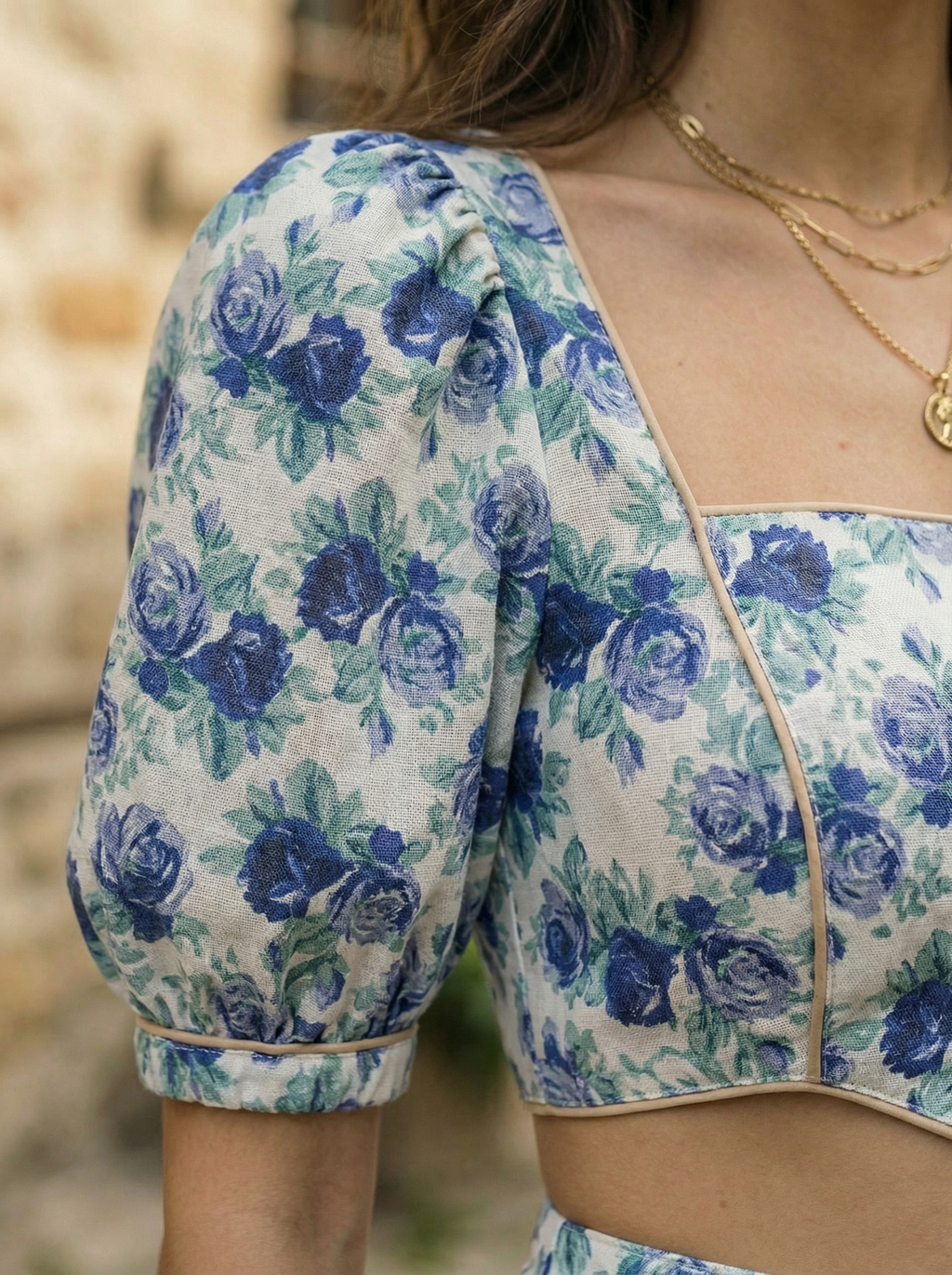 Puff Sleeve Crop Top & High-Waisted Shorts Set, Floral with Blue Roses