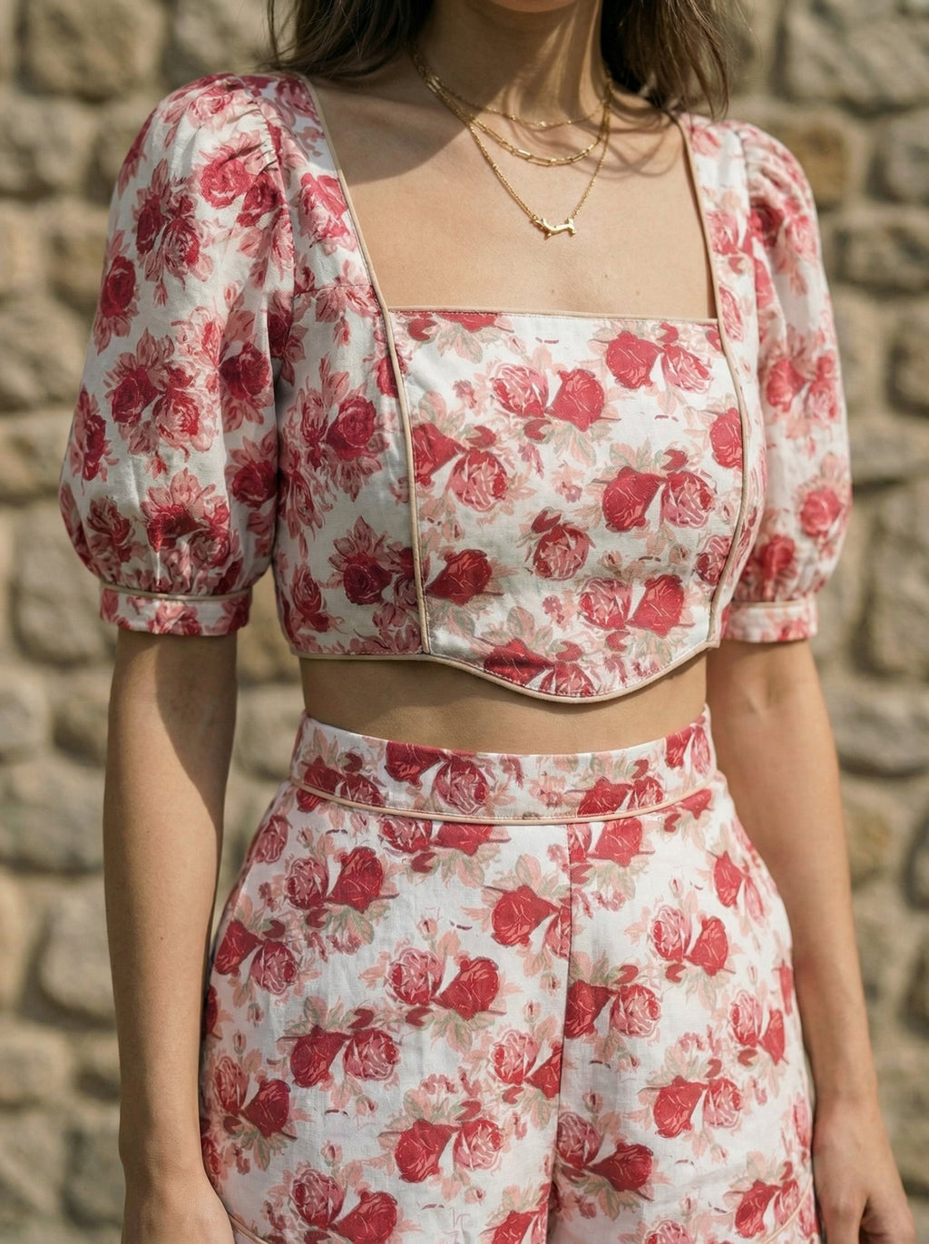 Pink Puff Sleeve Crop Top & High-Waisted Shorts Set, Floral