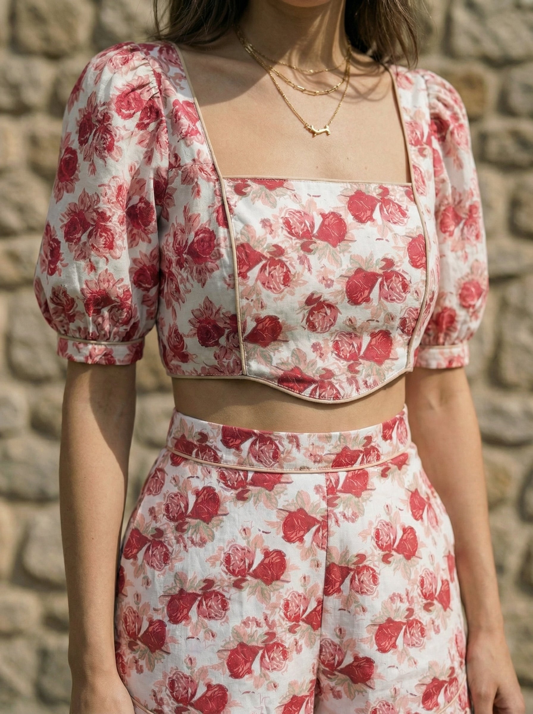 Pink Puff Sleeve Crop Top & High-Waisted Shorts Set, Floral