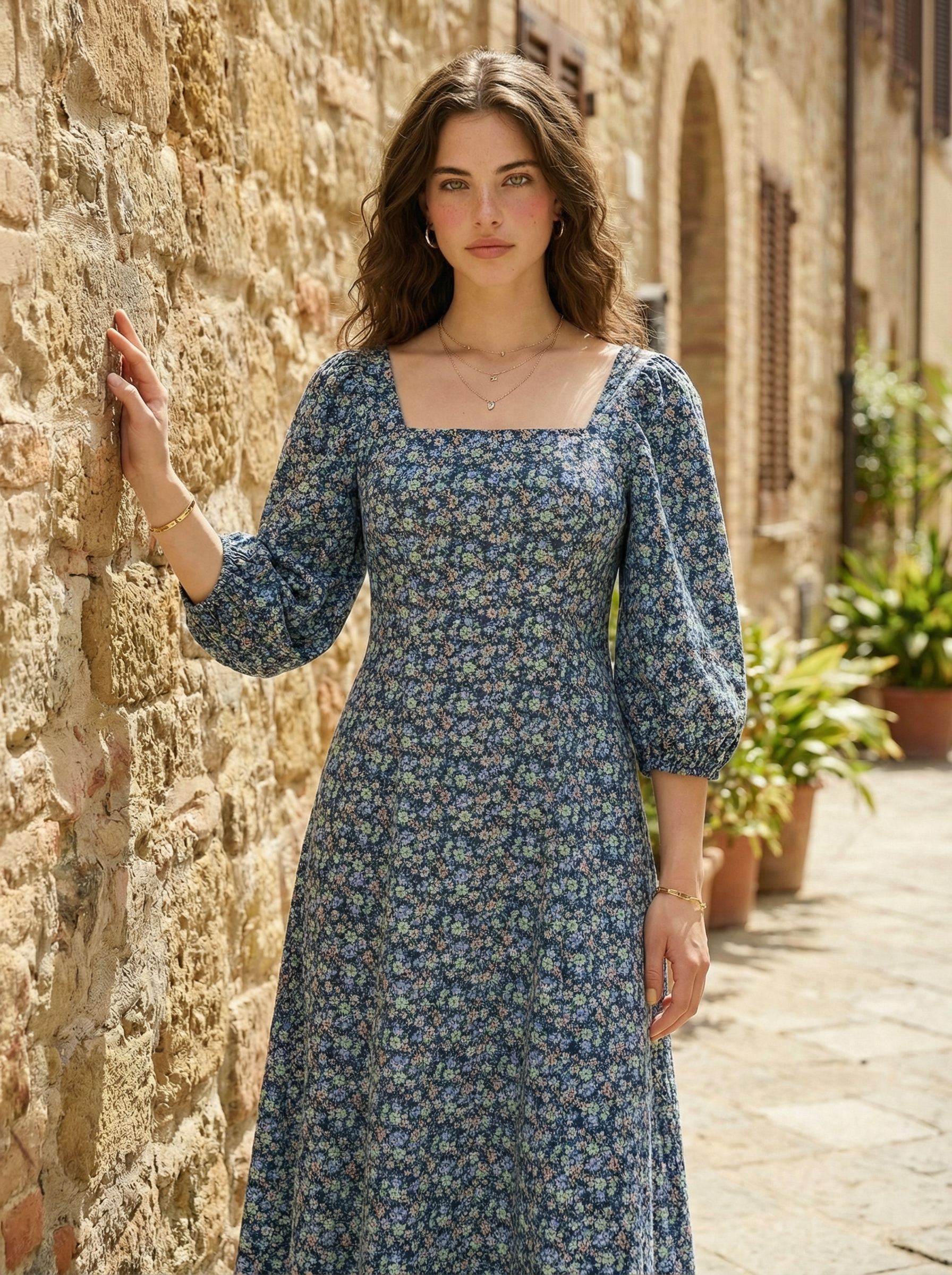 Floral Cotton Midi Dress with Puff Sleeves & Lace Hem