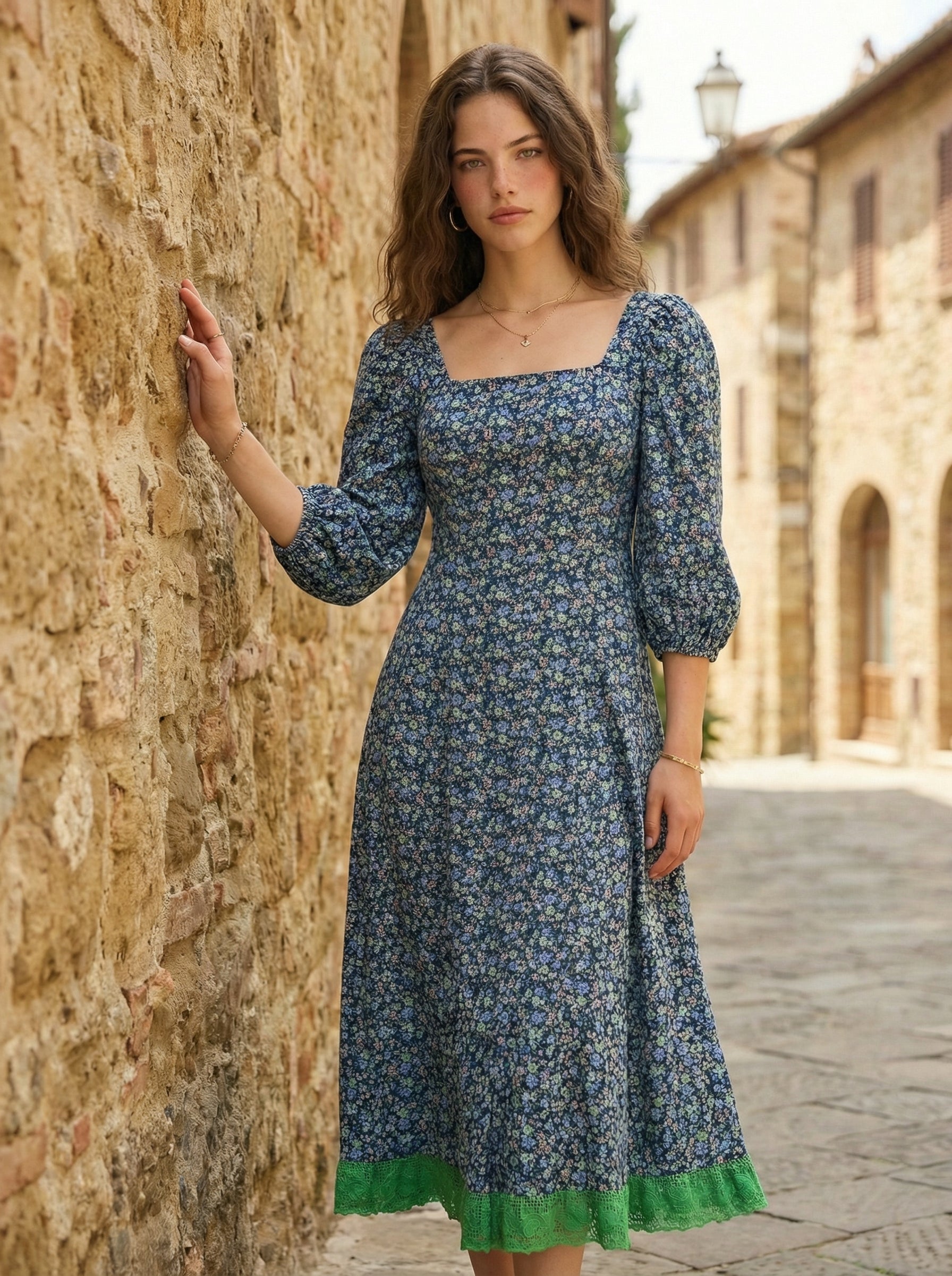 Floral Cotton Midi Dress with Puff Sleeves & Lace Hem