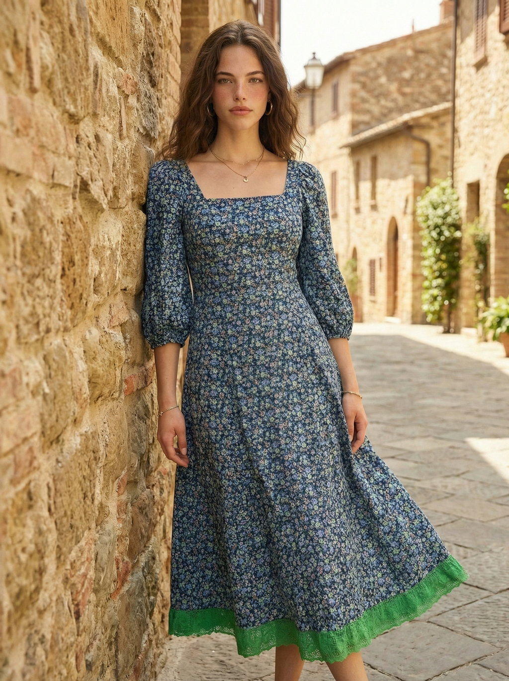 Floral Cotton Midi Dress with Puff Sleeves & Lace Hem