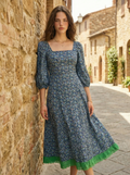 Floral Cotton Midi Dress with Puff Sleeves & Lace Hem