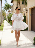 Tiered Puff Sleeve Dress, White Chiffon with Shorts