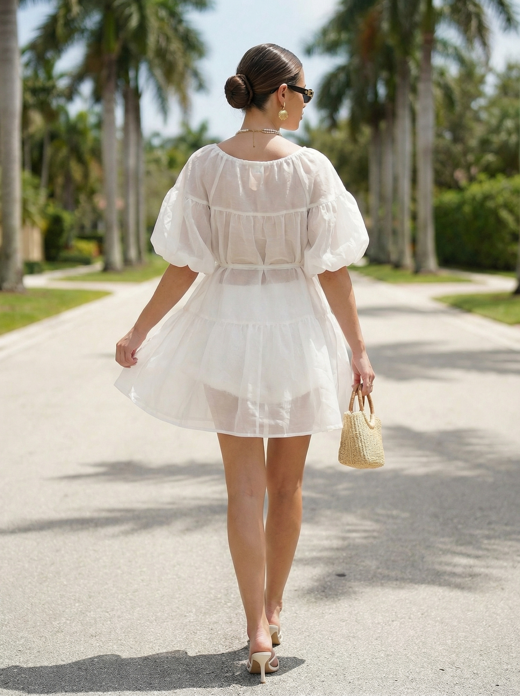 Tiered Puff Sleeve Dress, White Chiffon with Shorts
