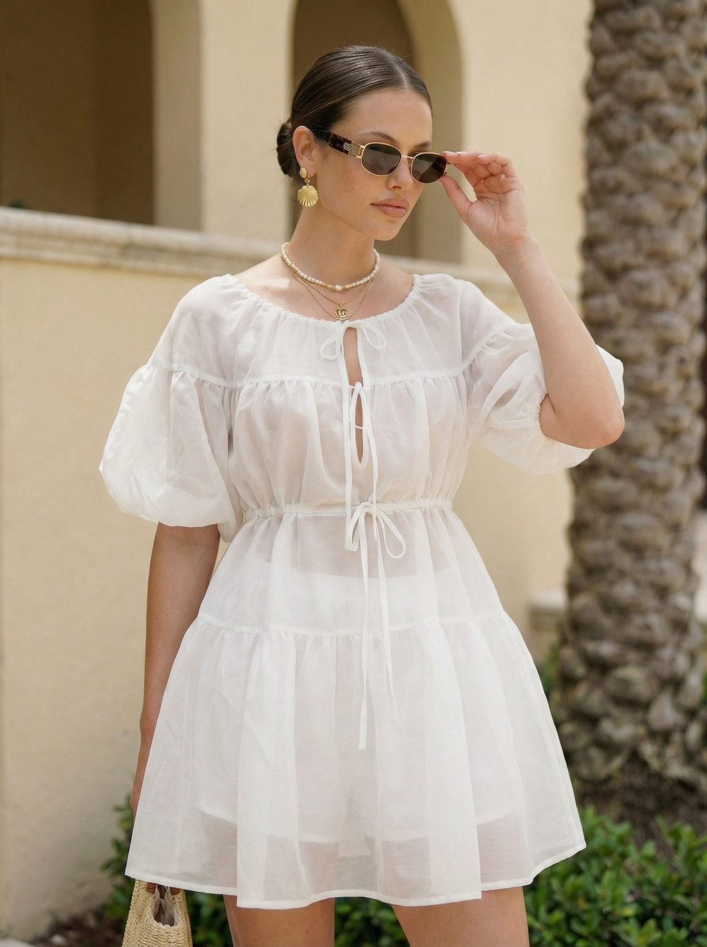 Tiered Puff Sleeve Dress, White Chiffon with Shorts