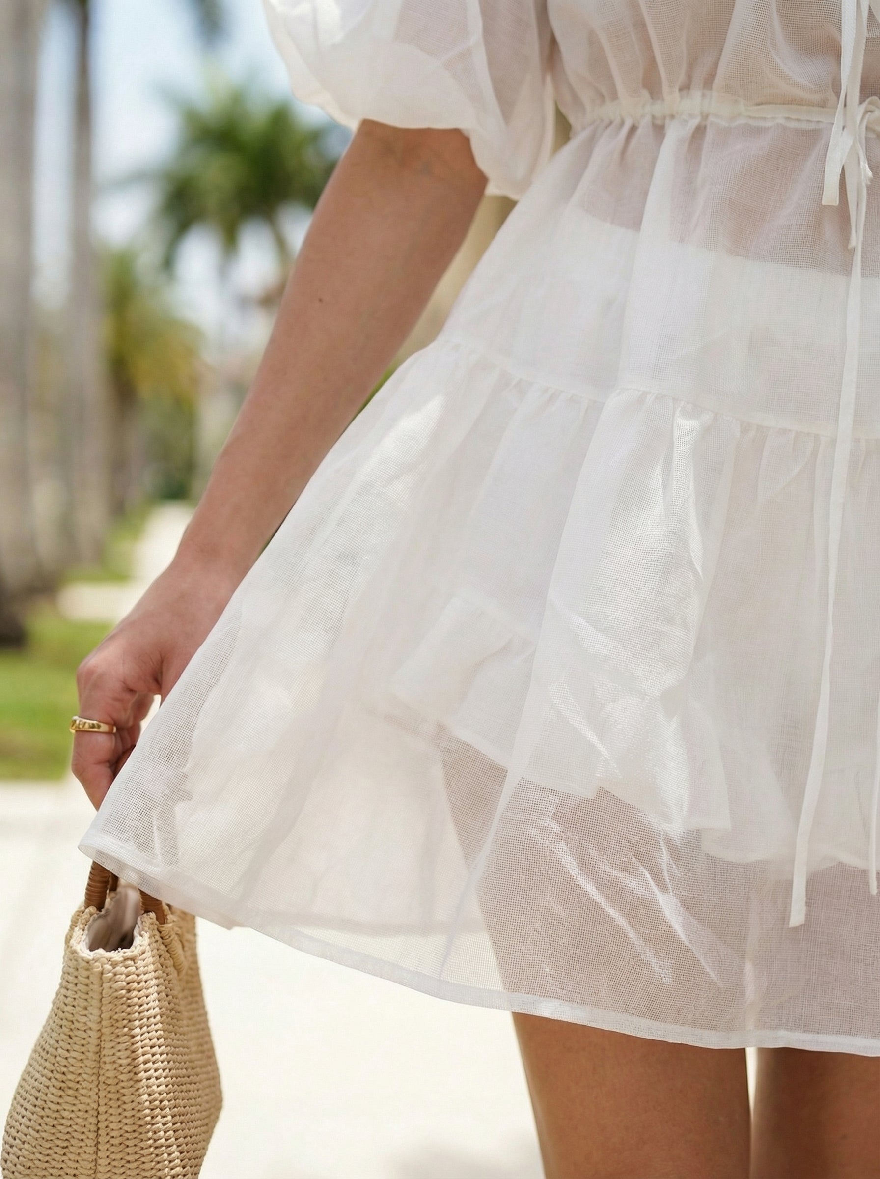 Tiered Puff Sleeve Dress, White Chiffon with Shorts
