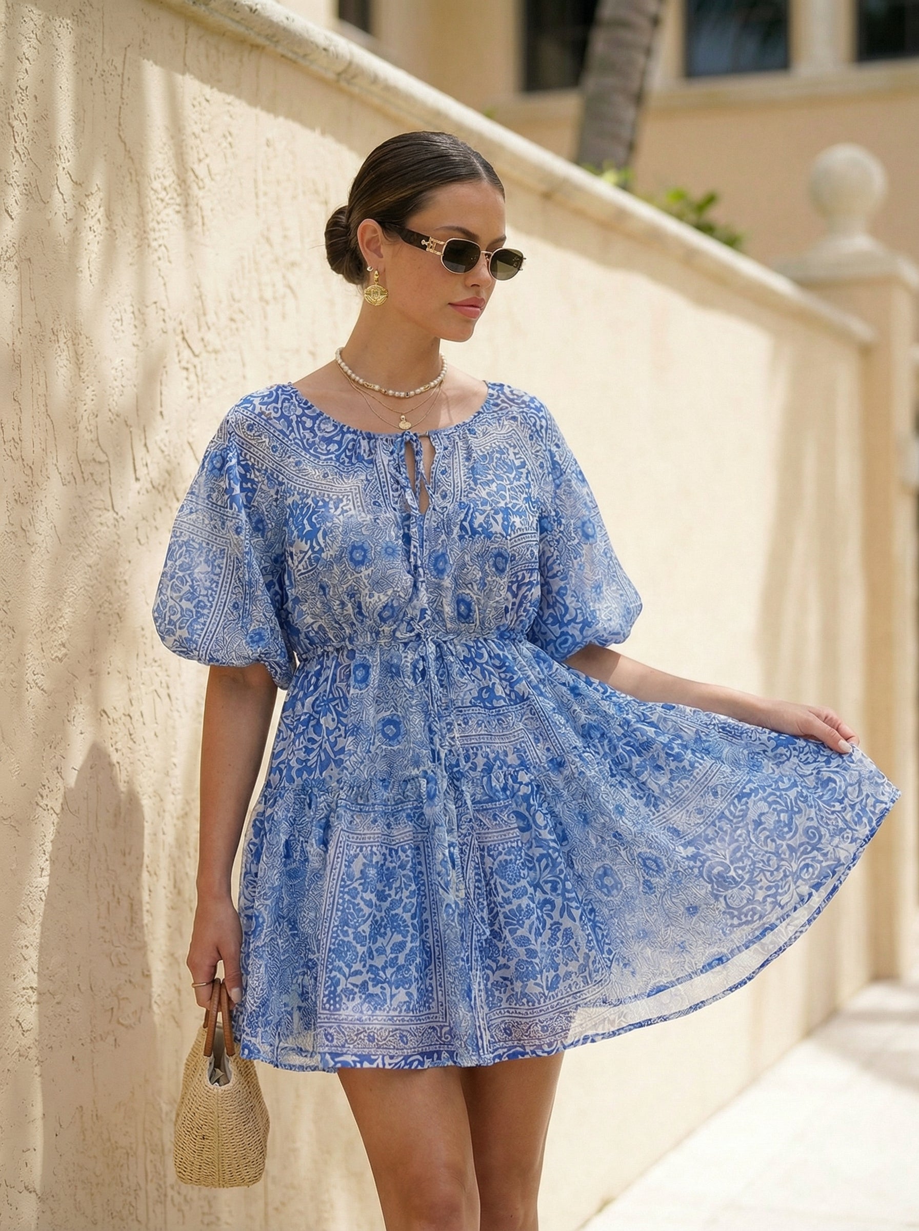 Patterned Viscose Babydoll Dress with Shorts