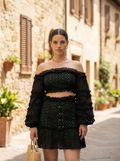 Broderie Eyelet Two-Piece – Off-Shoulder Top & Mini Skirt with Grass Green Lining
