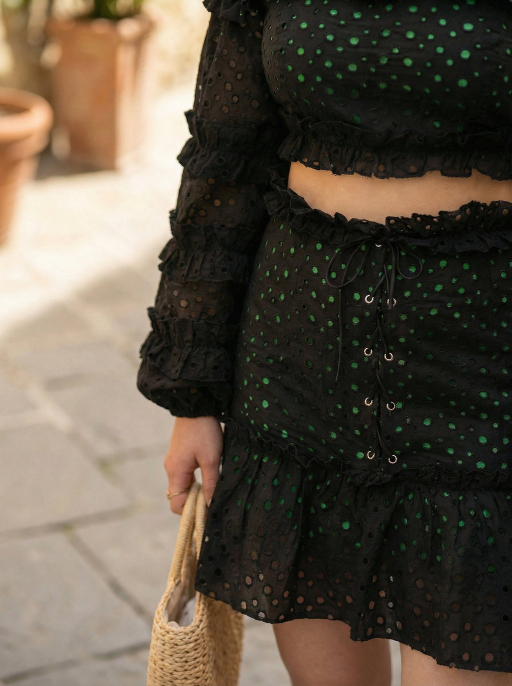 Broderie Eyelet Two-Piece – Off-Shoulder Top & Mini Skirt with Grass Green Lining