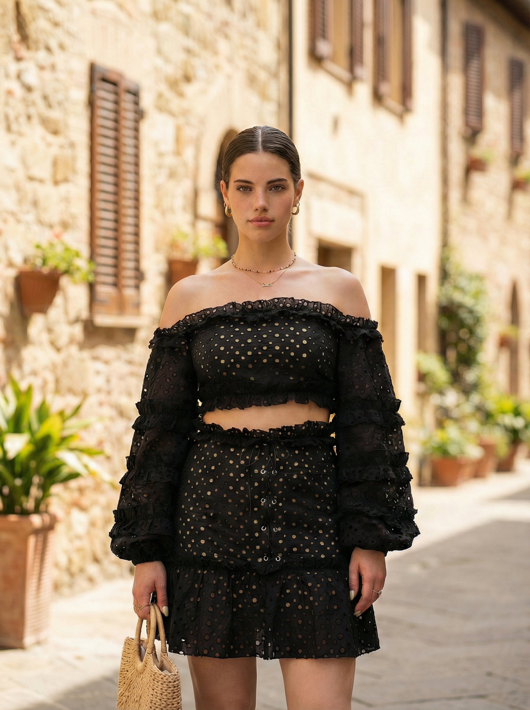 Eyelet Two-Piece – Off-Shoulder Top & Mini Skirt with Beige Nude Lining